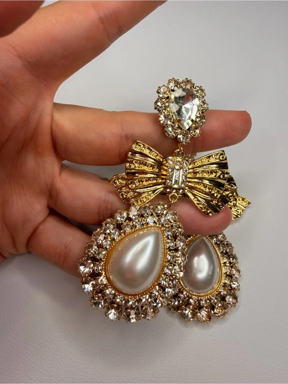 Gold Bow Pearl Drop Earrings with Clear Crystals